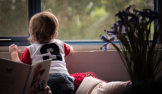 Young child looking out a window