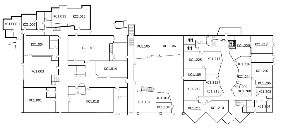 Map indicating the location of the rooms listed for Building KC, level 1