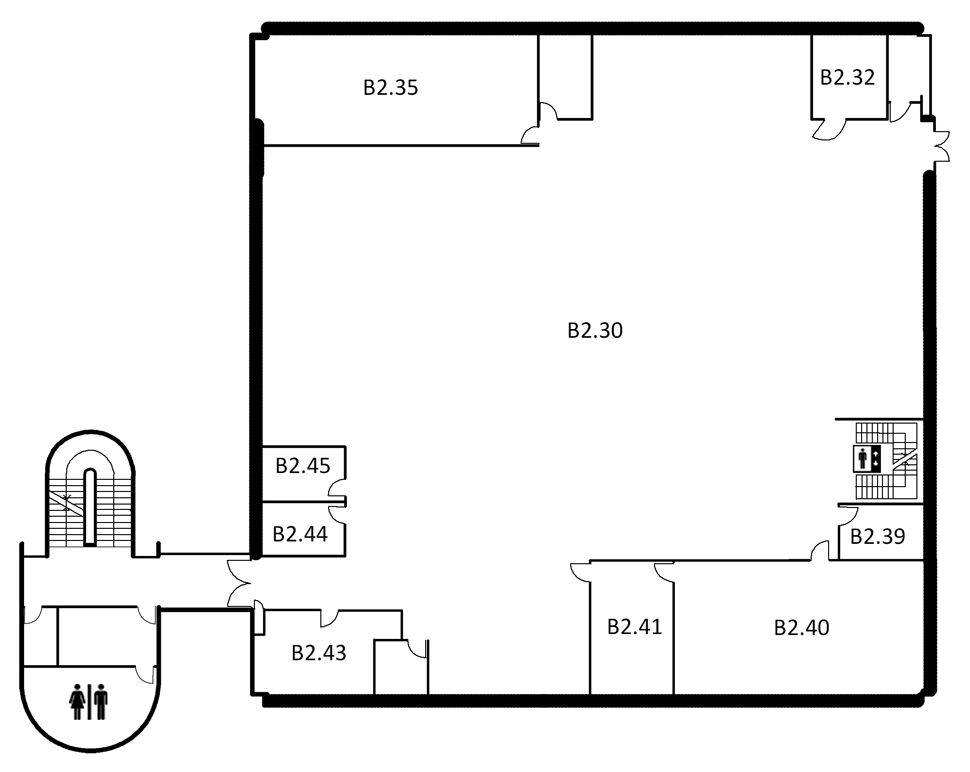 Map indicating the location of the rooms listed for Building B, level 2