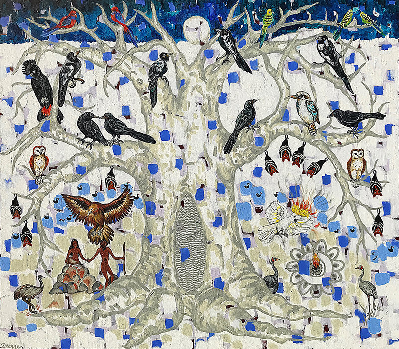 A paint of birds in a tree by Deanne Gilson titled Karringalabil Bundjil Murrup, Manna Gum Tree