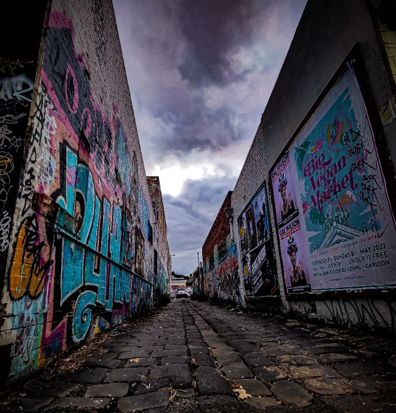 Cobblestone laneway surrounded by brick walls covered with weathered posters.