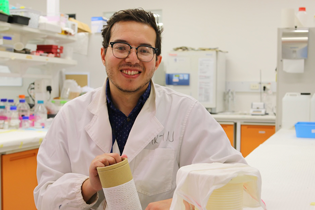 PhD candidate Martin Zaki with the undegummed silk fibre