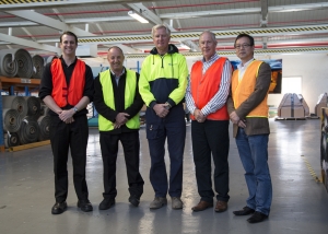 GT Recycling's Brett McLean, Business Development Manager; Trevor McLean, General Manager; and Doug McLean, Business Advisor; with Godfrey Hirst's Environmental Engineer, Robert Lunardelli (2nd left); and Professor Lingxue Kong.