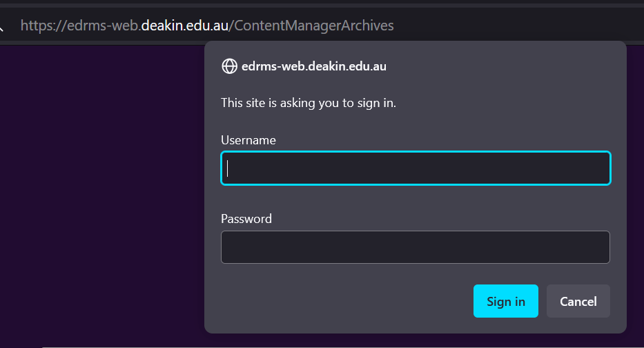 Screenshot of login box for the Archives content manager