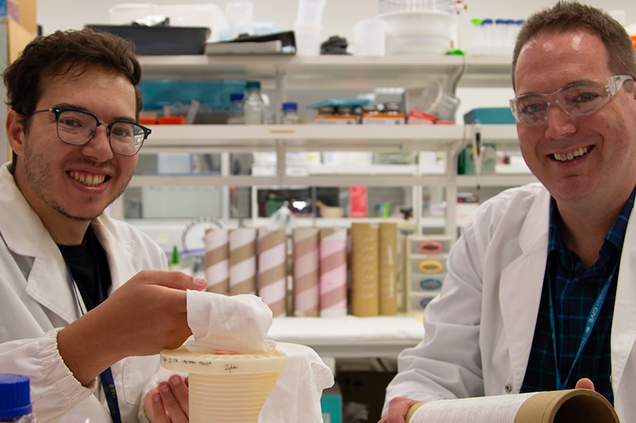 PhD candidate Martin Zaki and Dr Ben Allardyce display the undegummed silk fibres and fabric they created in the IFM lab 